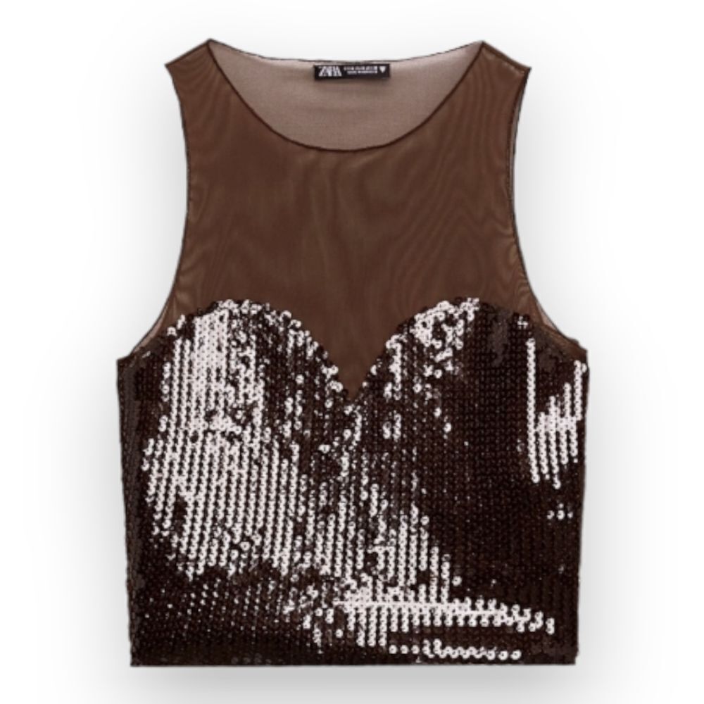 Zara Sequin Tulle Dark Brown Top Sheer Back US  M BNWT
